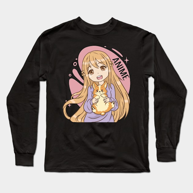 Ultracute anime girl with fluffy cute kitten Long Sleeve T-Shirt by TahudesignsAT